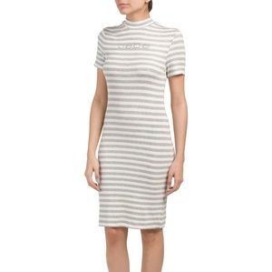 Bebe Keyhole back  Bodycon Dress in grey/white stripes